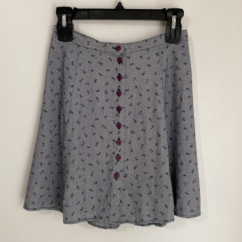 Sweet Vintage Mini Skirt Blue Gingham and Floral Print